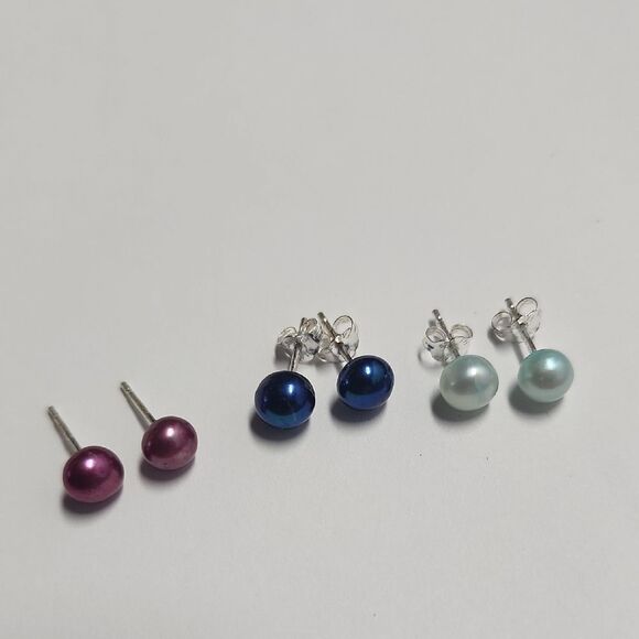 Elegant Pearl Stud Earrings Set - Pink, Dark Blue And Light Blue 925 FAS - Picture 1 of 3